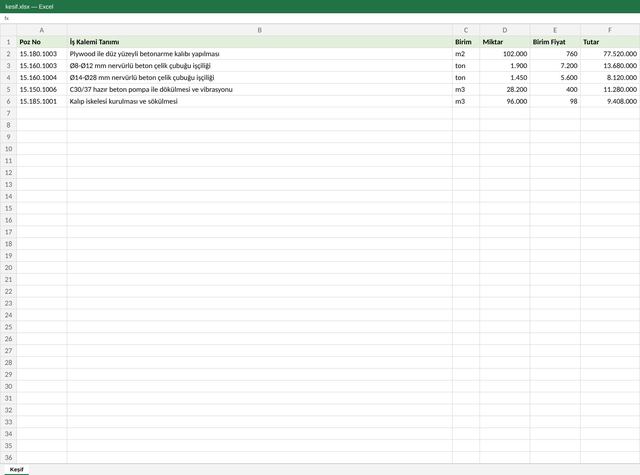 Excel · Keşif şablonu